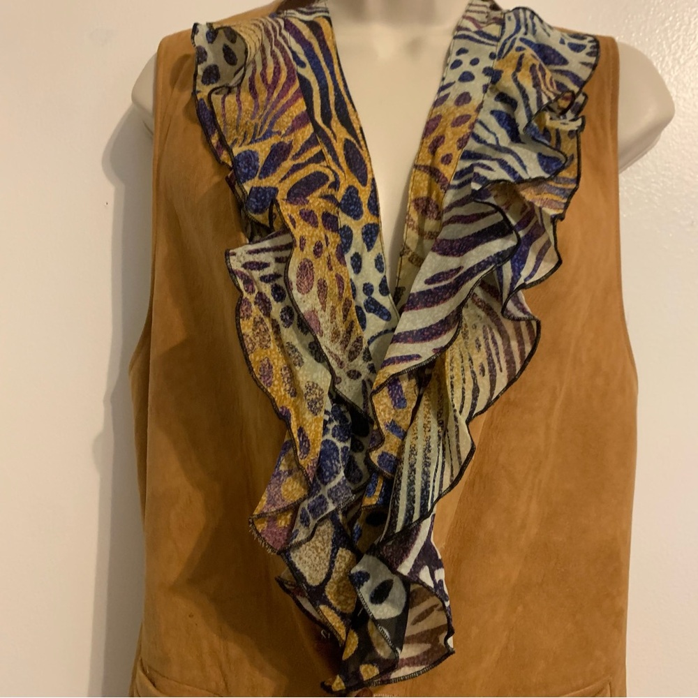 Vtg silk Ruffled V-Neck Animal Print sleeveless blouse Multi Browns golds XL